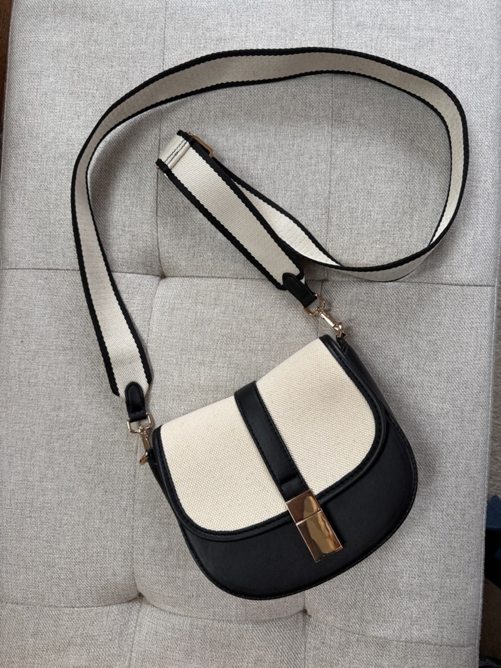 Canvas and Black Crossbody Saddle Bag with Adjustable Strap